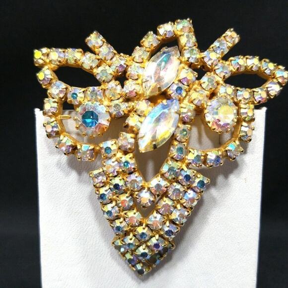Vintage Large Aurora Borealis Clear Rhinestone Leaves Brooch, Gold Plated, 1960s - Picture 7 of 10